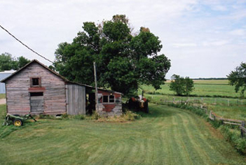 Long view of the house in the field and a tree behind
