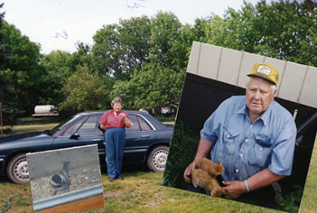 Collage photos of a man, woman and a pet