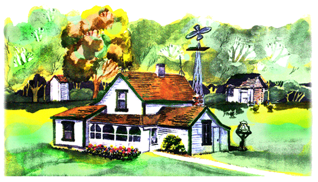 Painting of a Brick house and greenery around