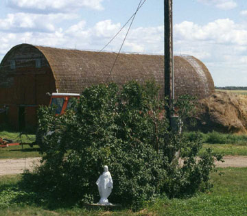 A Barn With Grass Field With a Wooden Pole