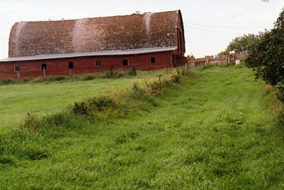 A Green Color Field Infront of an Old Barn